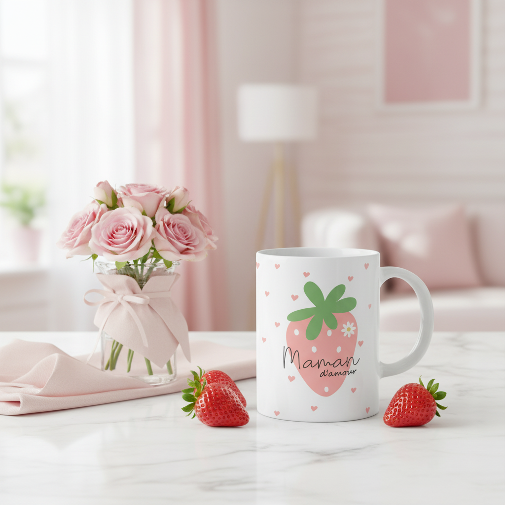 Tasse Maman d'amour - décor marbre blanc roses et fraises fraîches