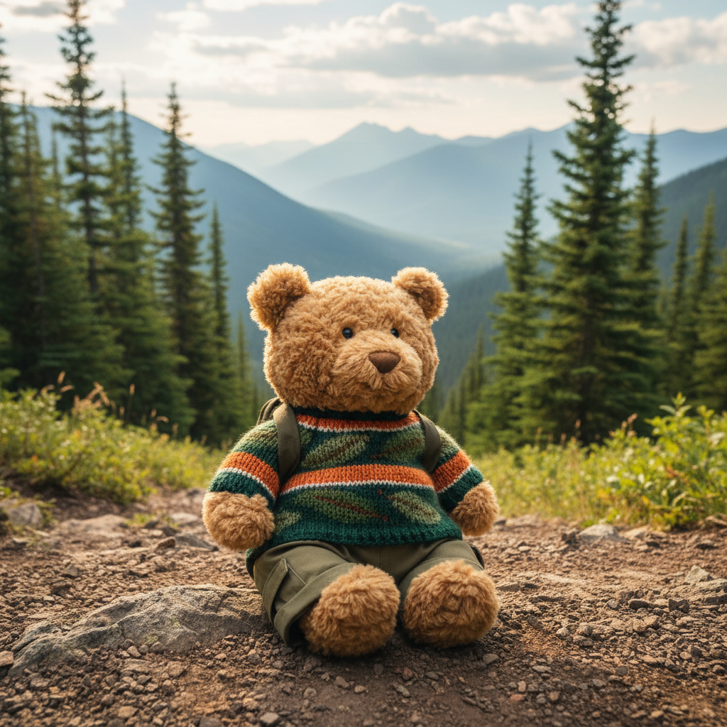 Jellycat Bartholomew Bear Hiking Outfit — Peluche ours randonneur en ambiance sentier de montagne