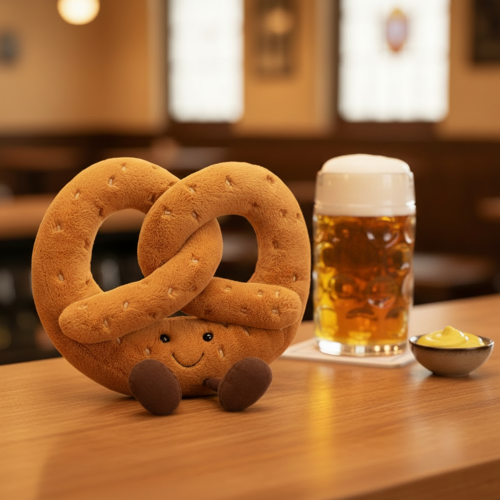 Jellycat Amuseable Bretzel — Peluche bretzel en ambiance brasserie bavière