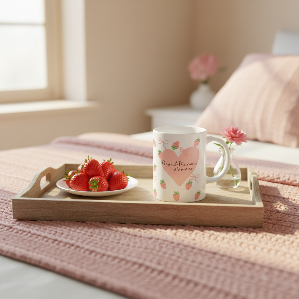 Tasse Grand-Maman d'amour - plateau matin au lit fraises et fleur rose