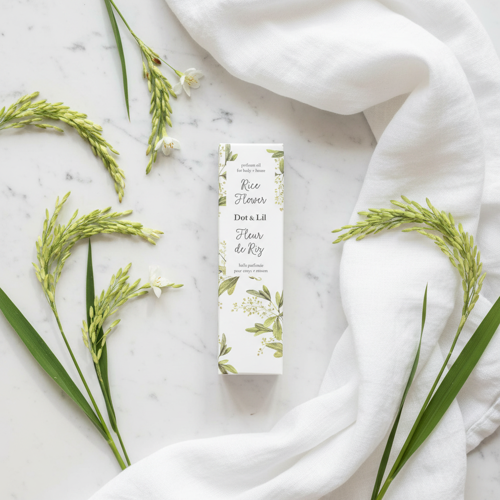 Huile parfumée Fleur de Riz Dot & Lil flat lay minimaliste