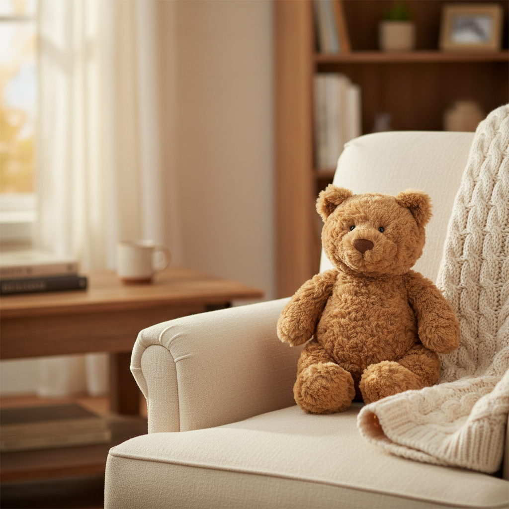 Jellycat Bartholomew Bear Medium — Peluche ours caramel en ambiance salon cosy