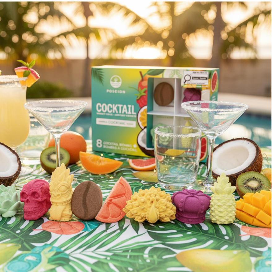 8 bombes cocktail POSEIDN autour de verres de cocktails sur table fête tropicale