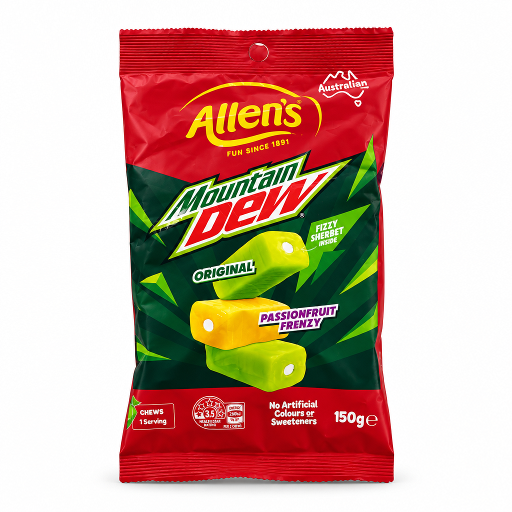 Sachet Allen’s Mountain Dew Chews Original et fruit de la passion, 150 g, sur fond blanc