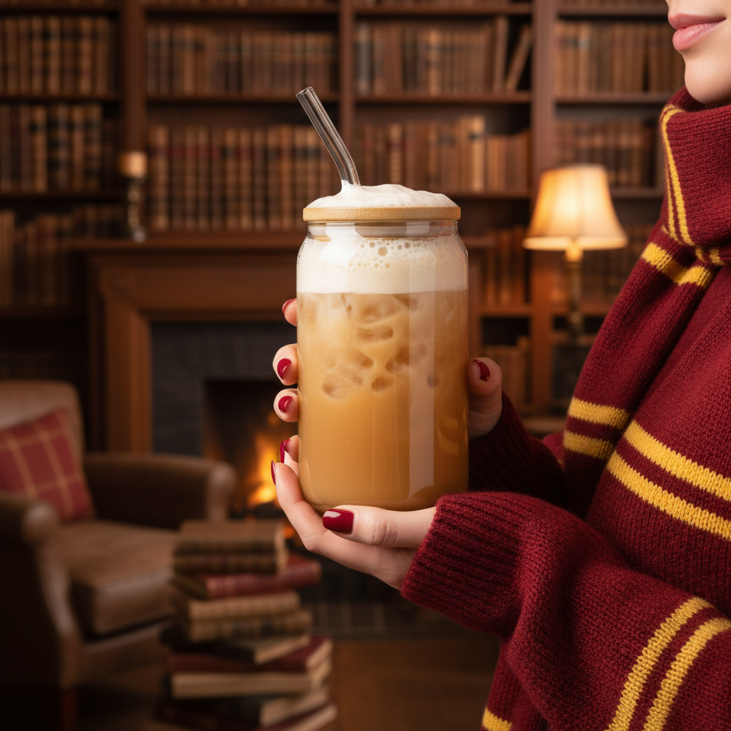 Gobelet Harry Potter tenu dans les mains avec écharpe Gryffondor