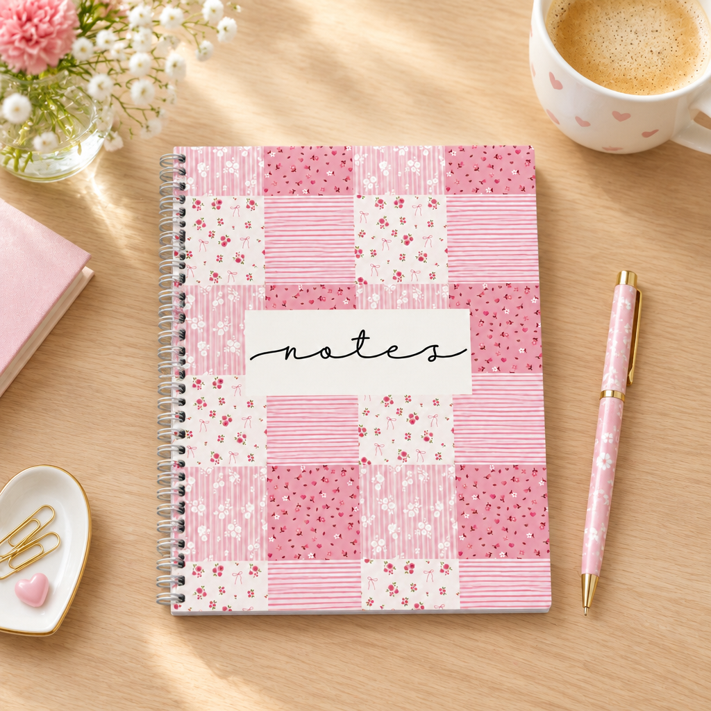 Cahier de notes patchwork rose présenté sur un bureau avec une tasse de café et un stylo