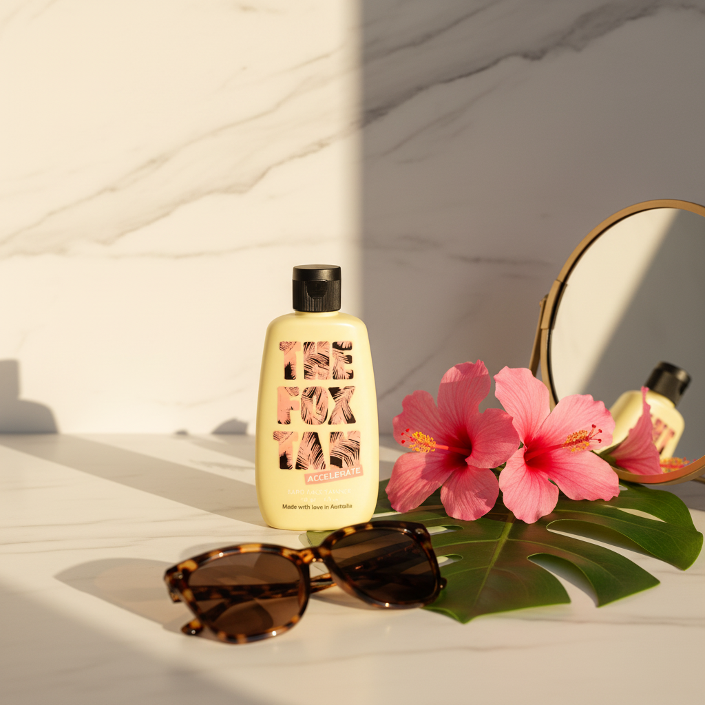 The Fox Tan Bronzant Rapide Visage sur marbre blanc avec fleurs tropicales et miroir