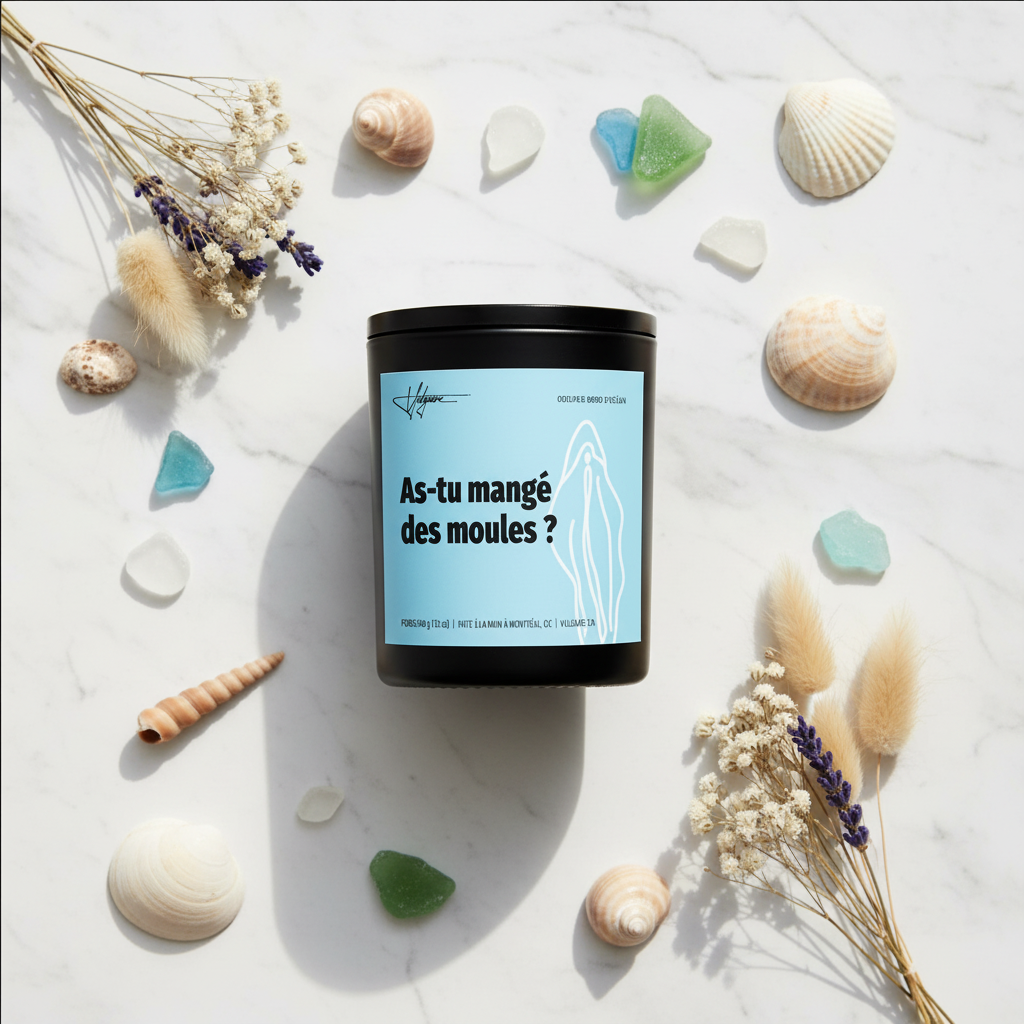 Bougie Vulgaire As-tu mangé des moules flat lay côtier avec coquillages