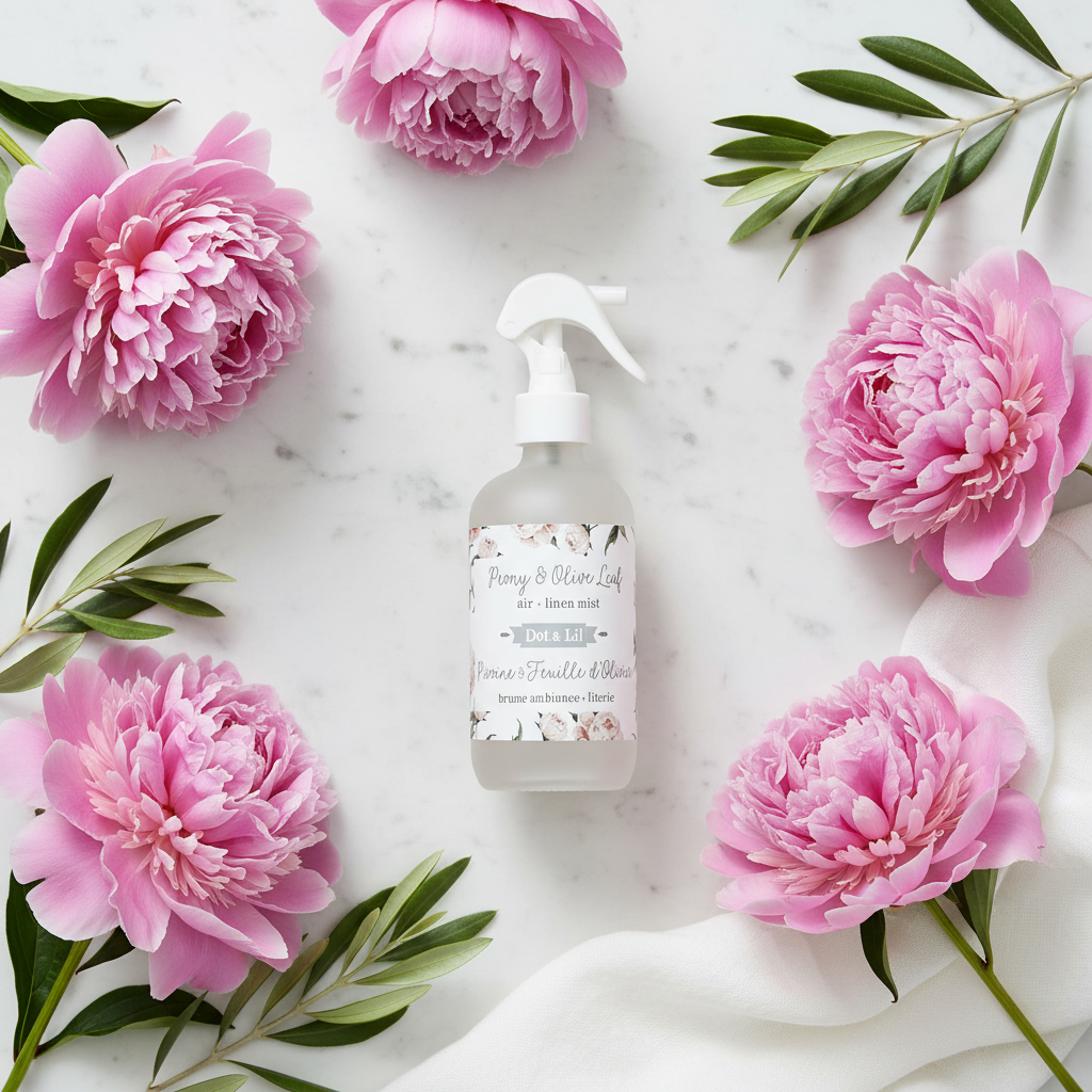 Brume Pivoine Feuille d'Olivier Dot & Lil flat lay marbre avec pivoines