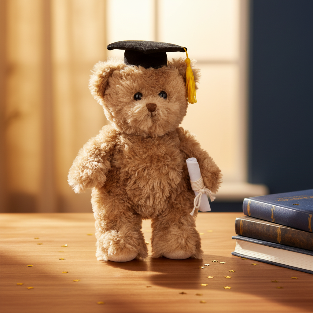 Peluche ours diplômé Bukowski - décor bureau livres et confettis dorés
