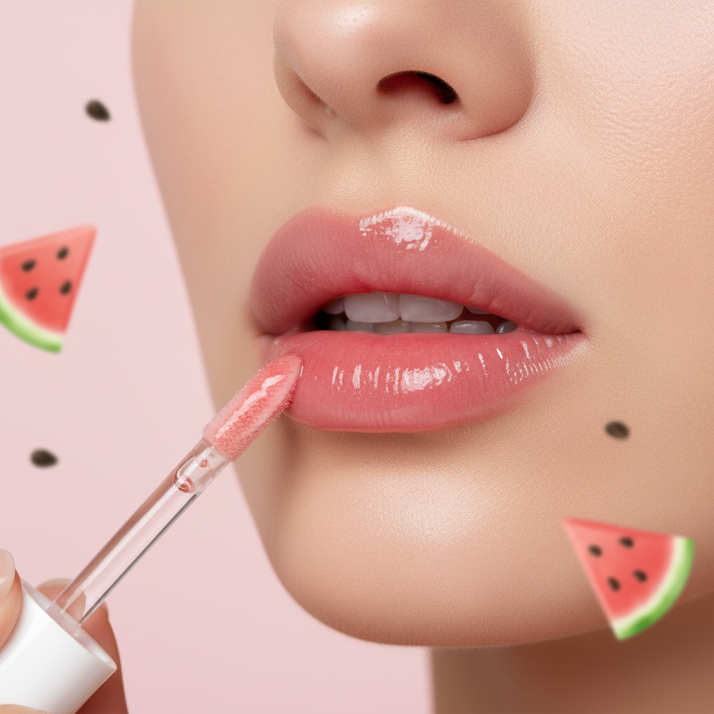 Femme appliquant l’huile à lèvres Watermelon sur ses lèvres brillantes et pulpeuses
