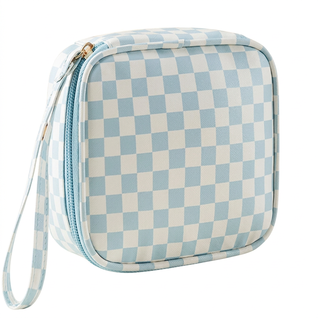 Trousse à maquillage Josslyn à damier bleu et blanc sur fond blanc