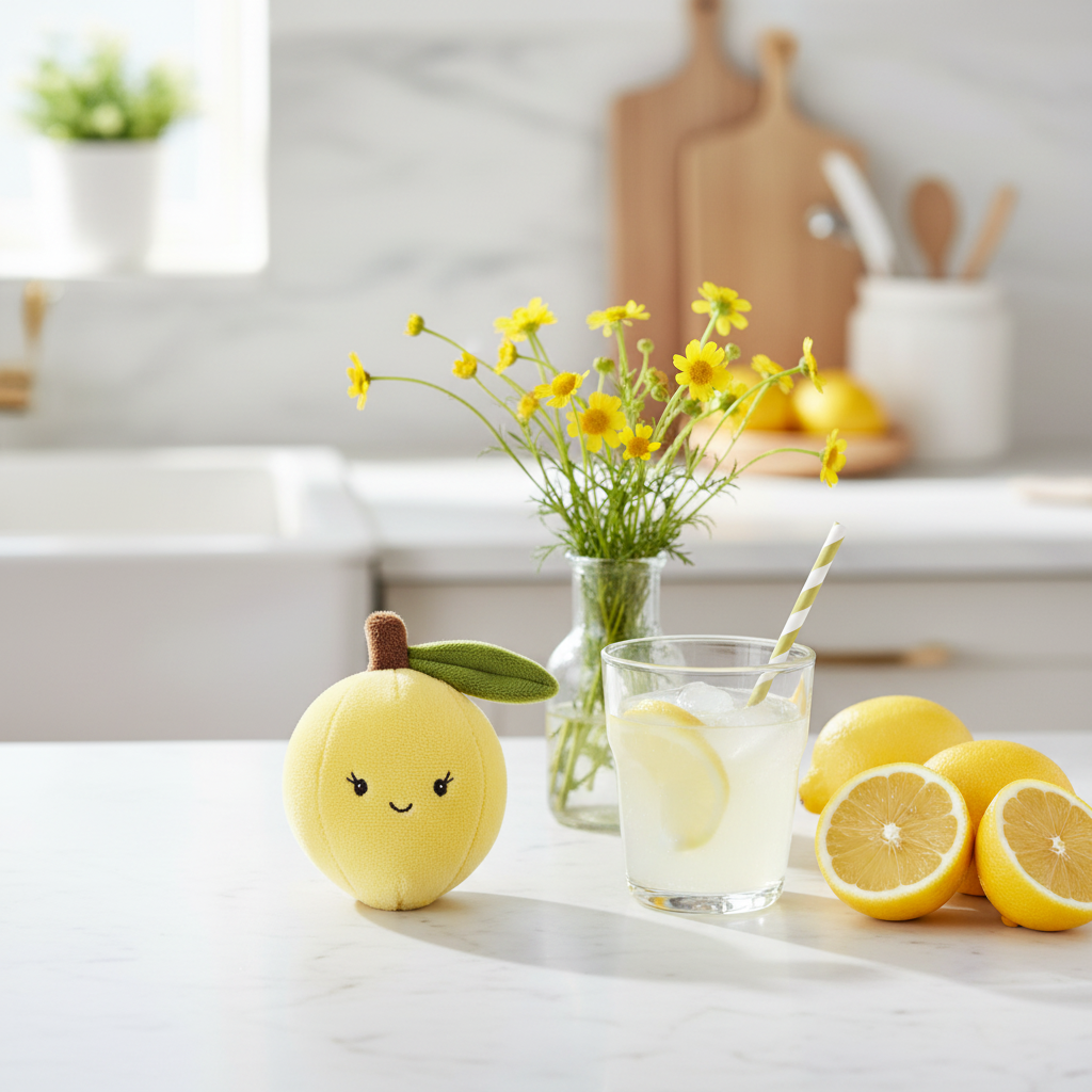 Peluche citron jaune kawaii Mon Ami sur comptoir blanc avec vrais citrons et verre de limonade ambiance été ensoleillé