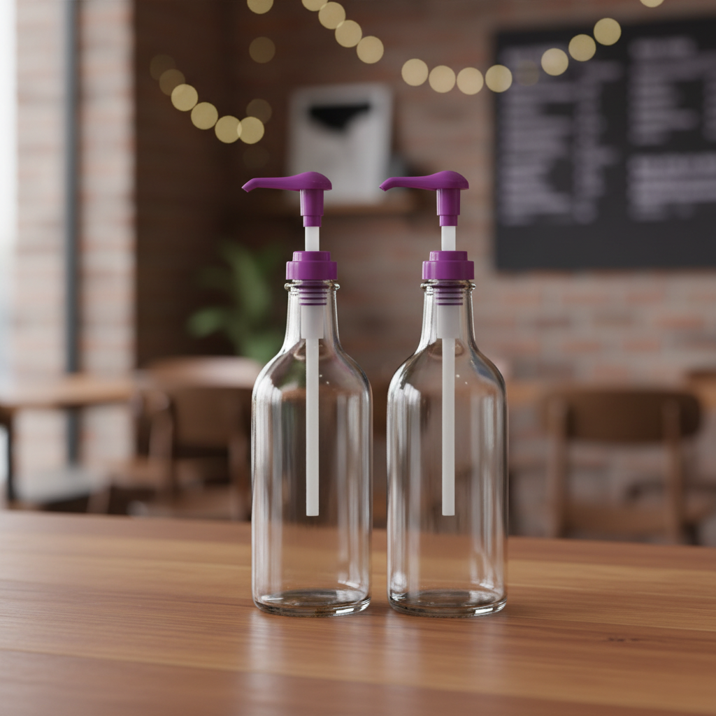 Deux bouteilles de sirop avec pompes violettes SLiM sur comptoir café
