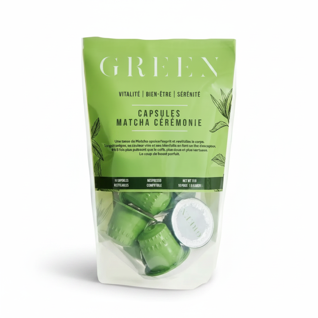 Sachet GREEN Capsules Matcha Cérémonie sur fond blanc