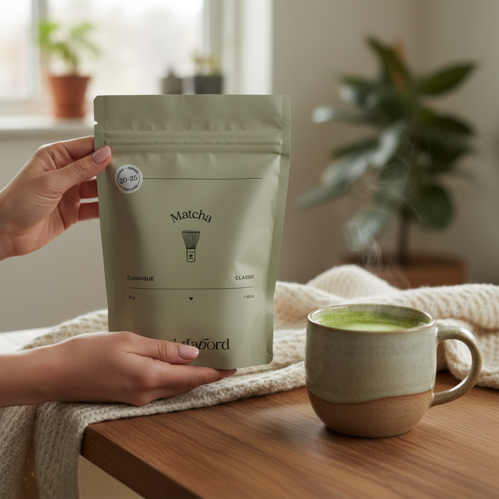 Mains tenant le sachet Matcha Classique Moi d'abord avec un latte vert