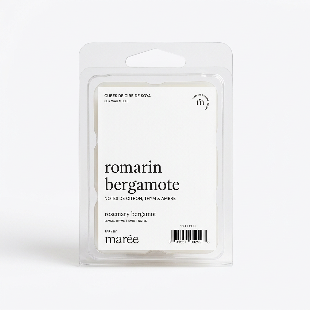 Emballage de cubes de cire de soya Romarin et bergamote Marée sur fond blanc