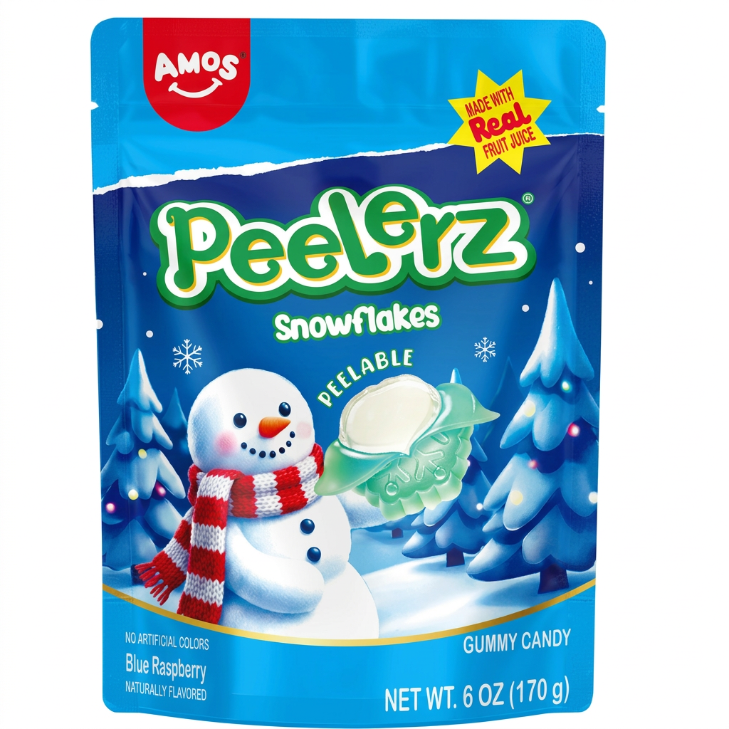 Sachet AMOS Peelerz Snowflakes à la framboise bleue de 170 g, présenté de face sur fond blanc.