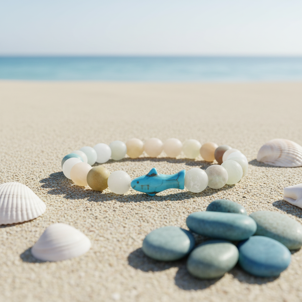 Bracelet Fahlo Requin Baleine Sky Stone sur sable avec coquillages