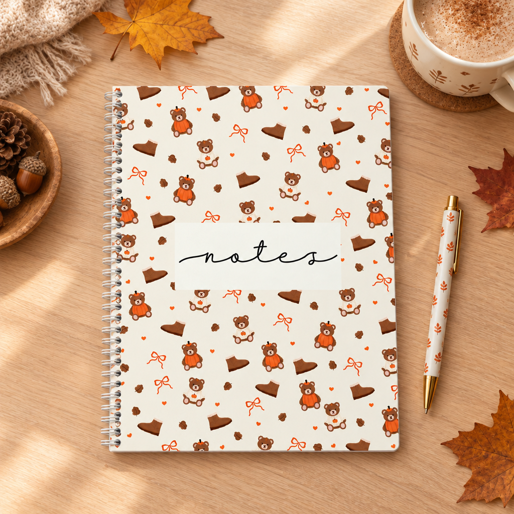 Cahier de notes à motifs d’oursons présenté sur un bureau chaleureux avec une tasse et des feuilles d’automne