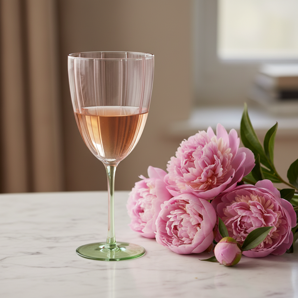 Coupe à vin Pétal avec rosé et pivoines sur marbre blanc