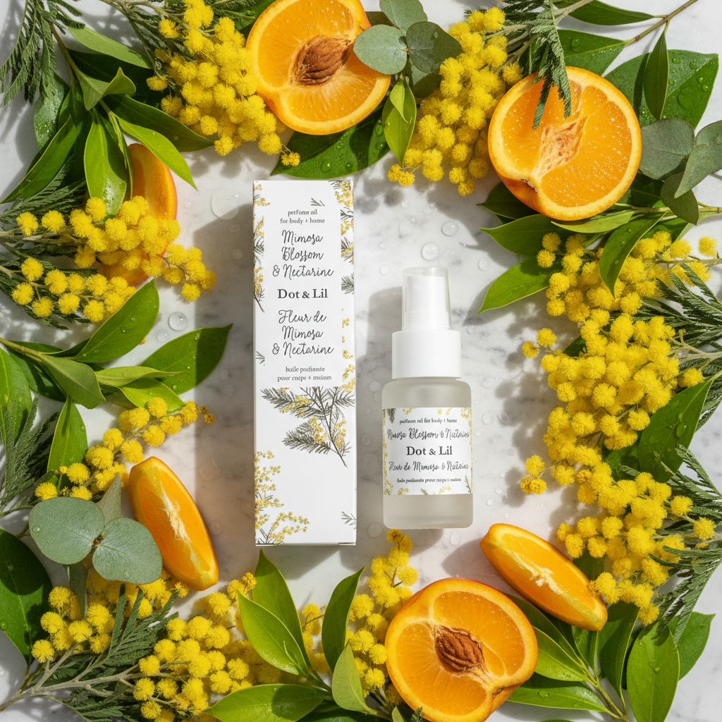 Huile parfumée Dot & Lil Mimosa Nectarine sur surface en marbre, ambiance florale et féminine