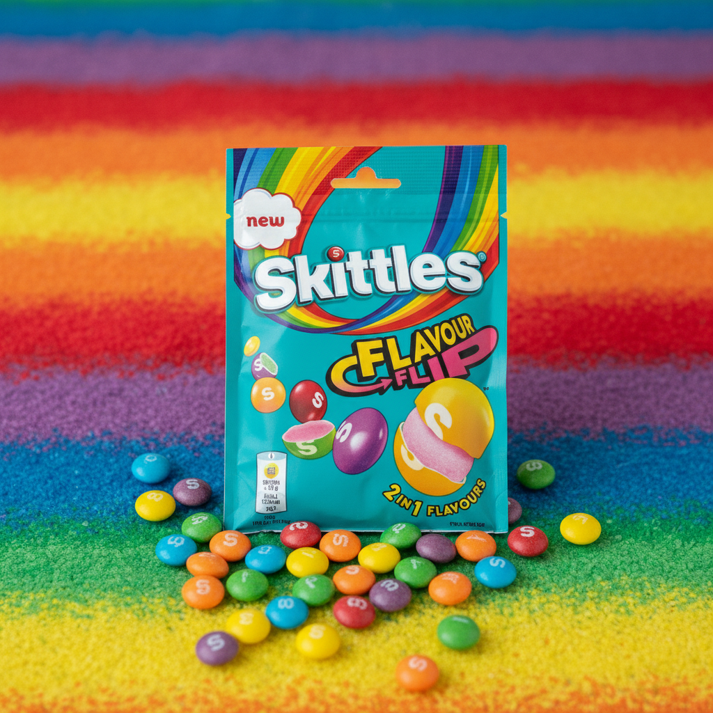 Sac Skittles Flavour Flip avec bonbons colorés éparpillés sur fond arc-en-ciel