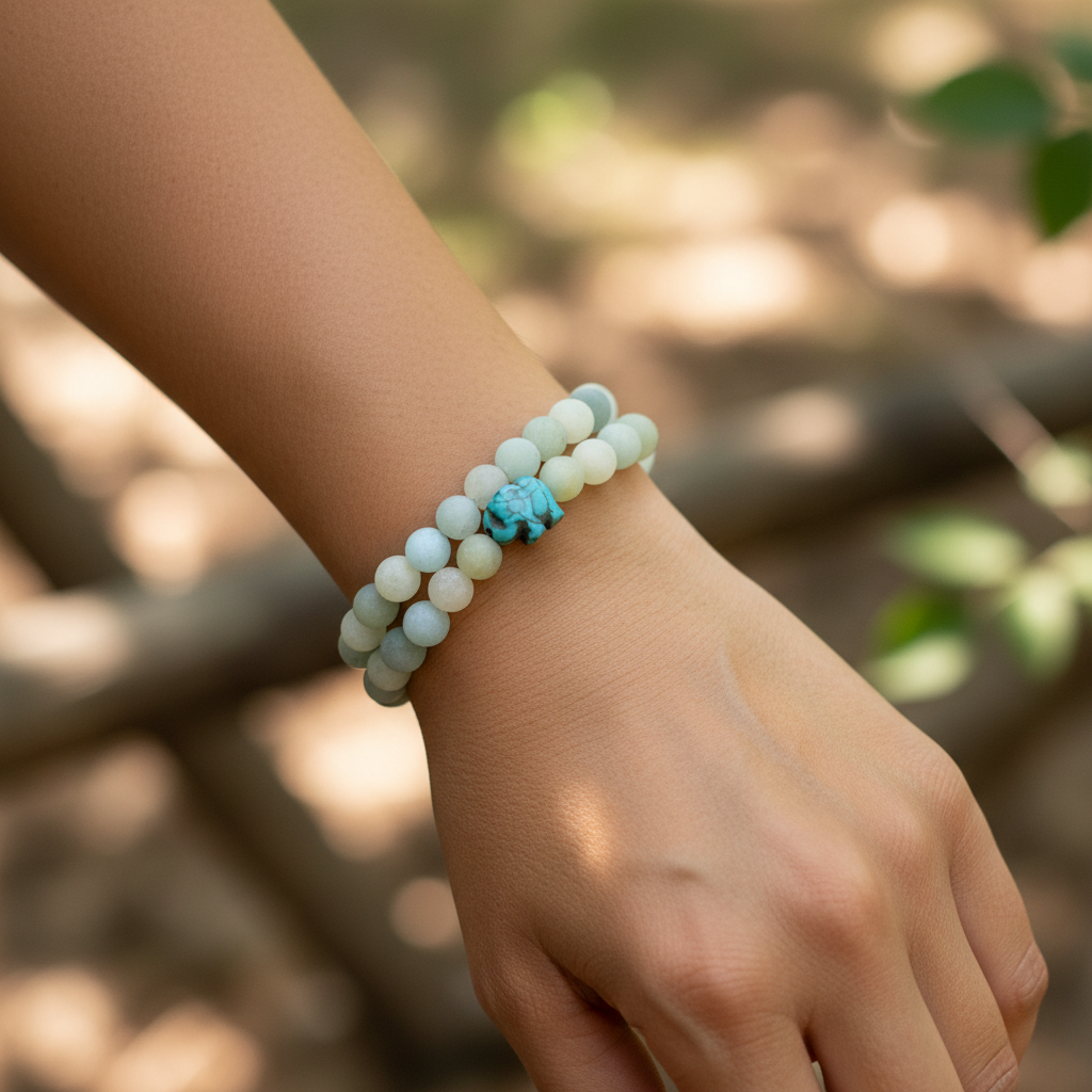 Bracelet Fahlo Éléphant Sky Stone porté au poignet en nature