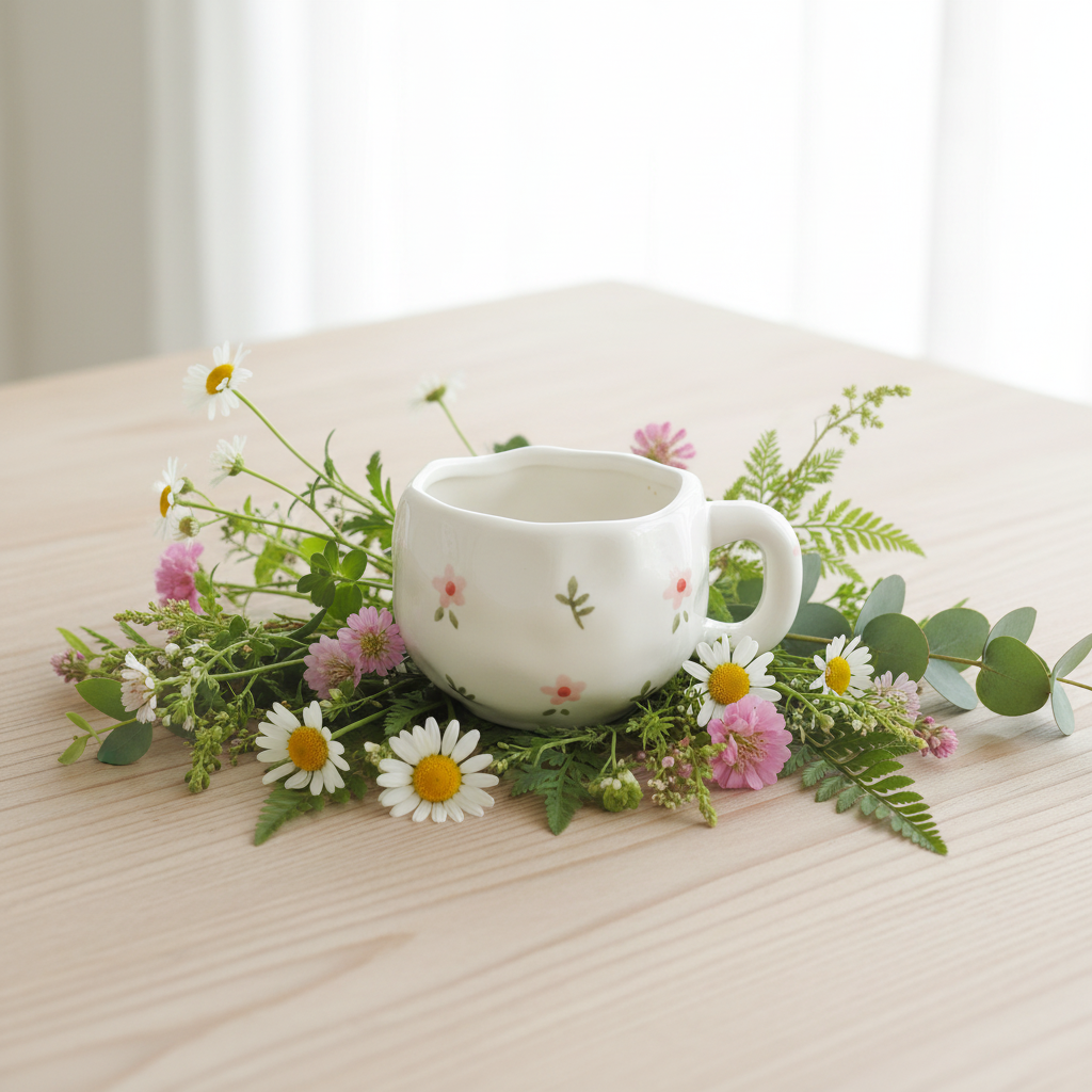 Tasse fleurs sauvages sur table bois avec fleurs et verdure