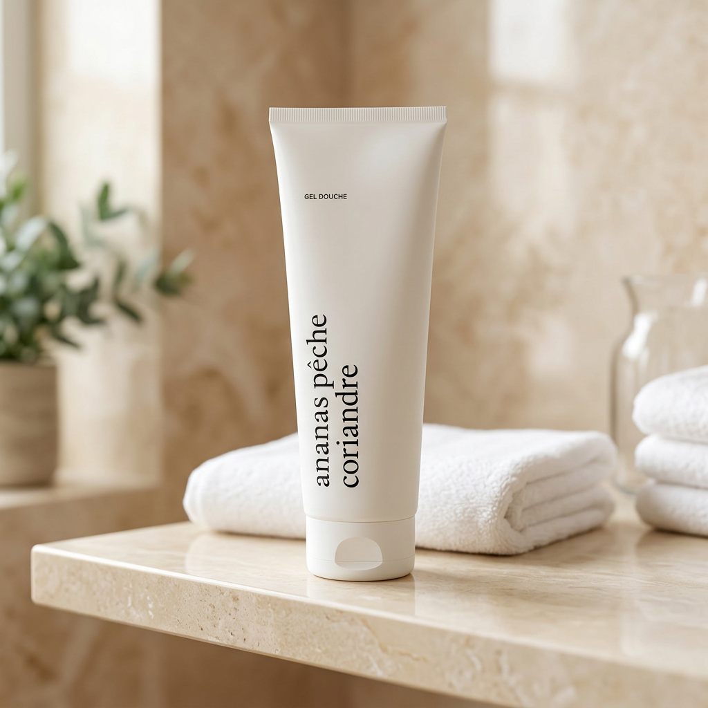 Gel douche Ananas, pêche et coriandre Marée dans une ambiance salle de bain crème