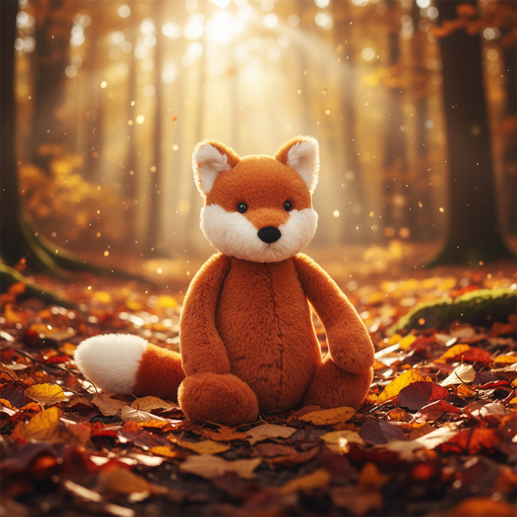 Jellycat Big Bashful Fox Cub — Grande peluche renardeau roux en ambiance forêt automnale
