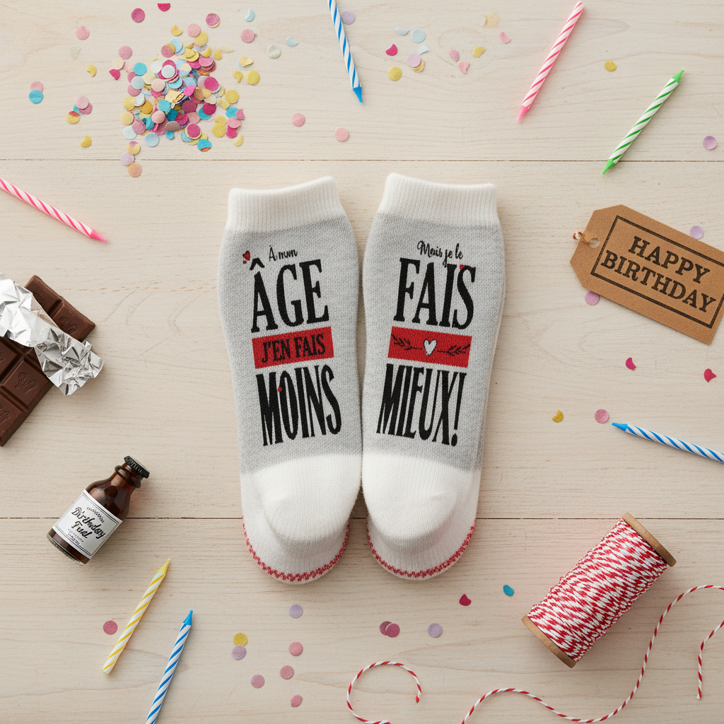 Flat lay bas de laine âge j’en fais moins avec accessoires anniversaire