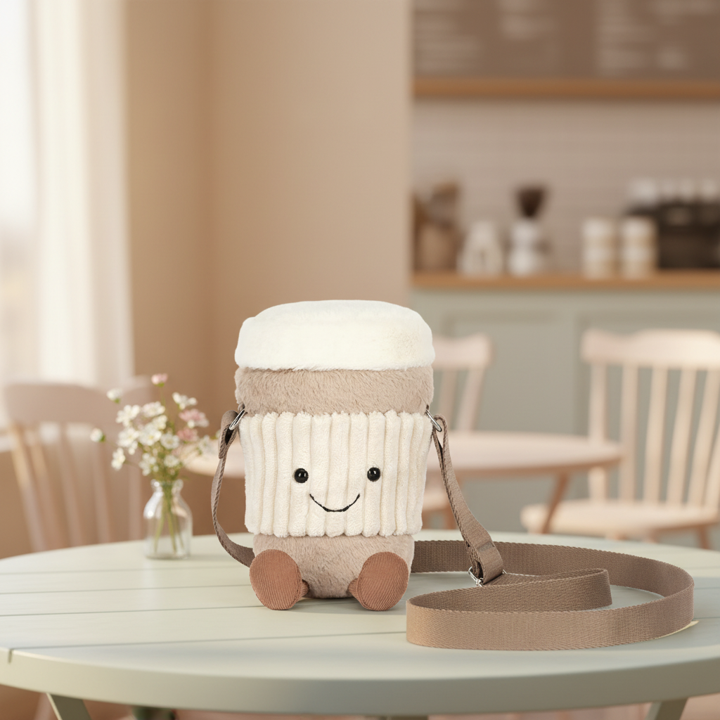 Sac bandoulière café Jellycat dans un décor de café pastel