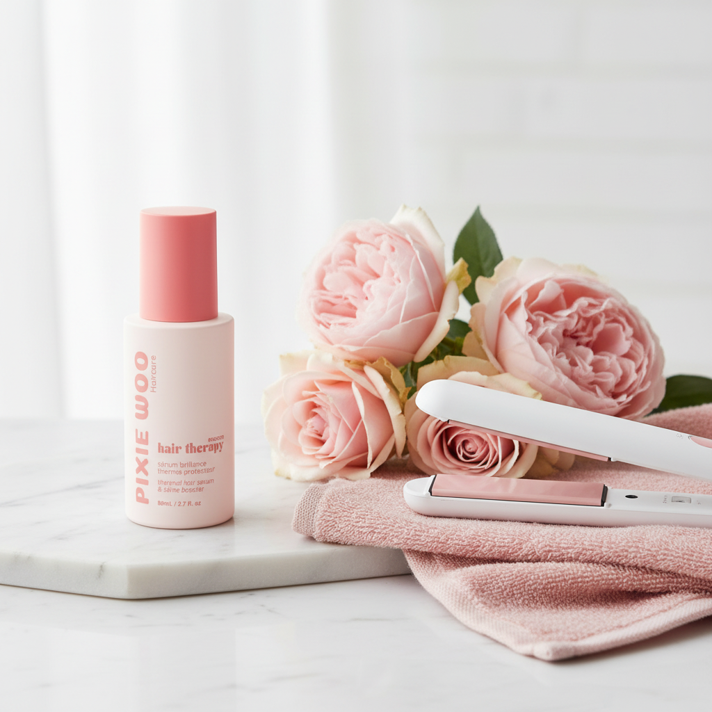 Flacon Pixie Woo Hair Therapy Booster sur marbre blanc avec lisseur et fleurs roses
