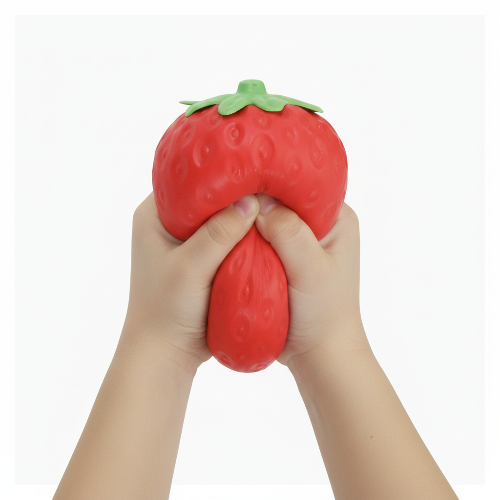 Jumbo Squeeeze Fraise 5 po pressée par les mains d’un enfant