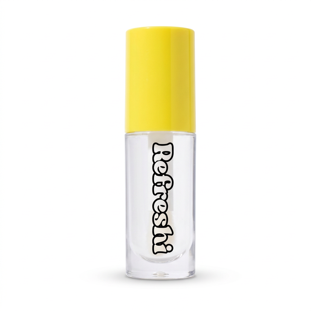 Huile à lèvres Refreshi Pina Colada au capuchon jaune sur fond blanc, format carré.