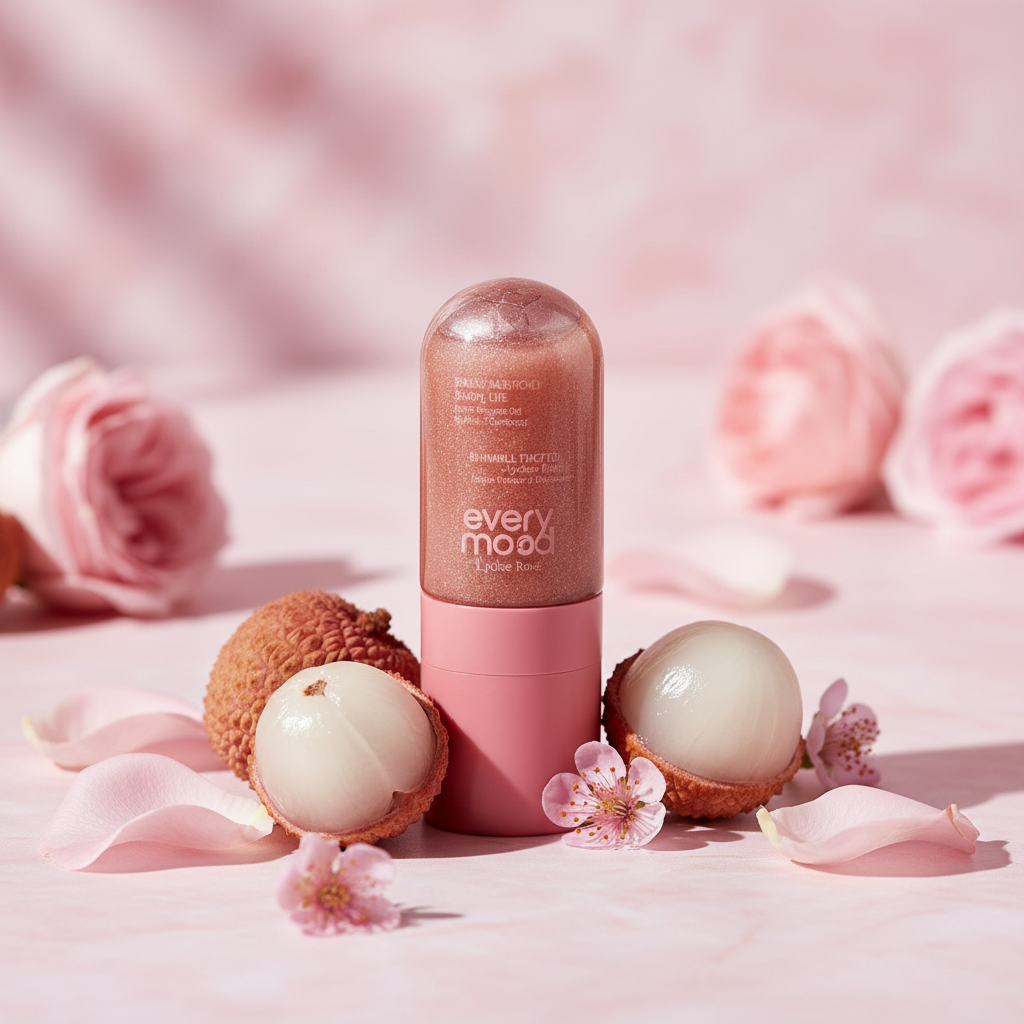 Every Mood huile scintillante Lychee rosé roll-on sur marbre rose avec lychees et pétales de rose