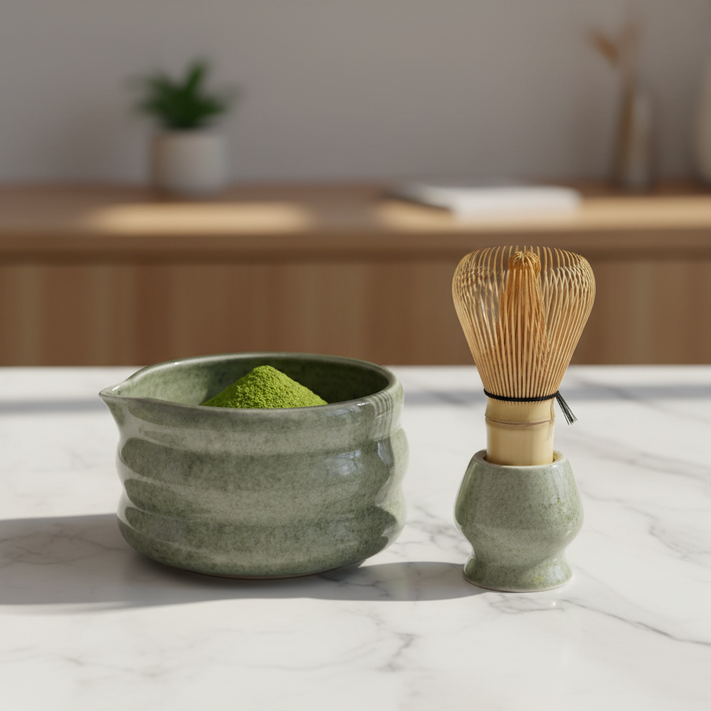 Ensemble bol et support à fouet matcha Bubble vert sur marbre avec fouet bambou