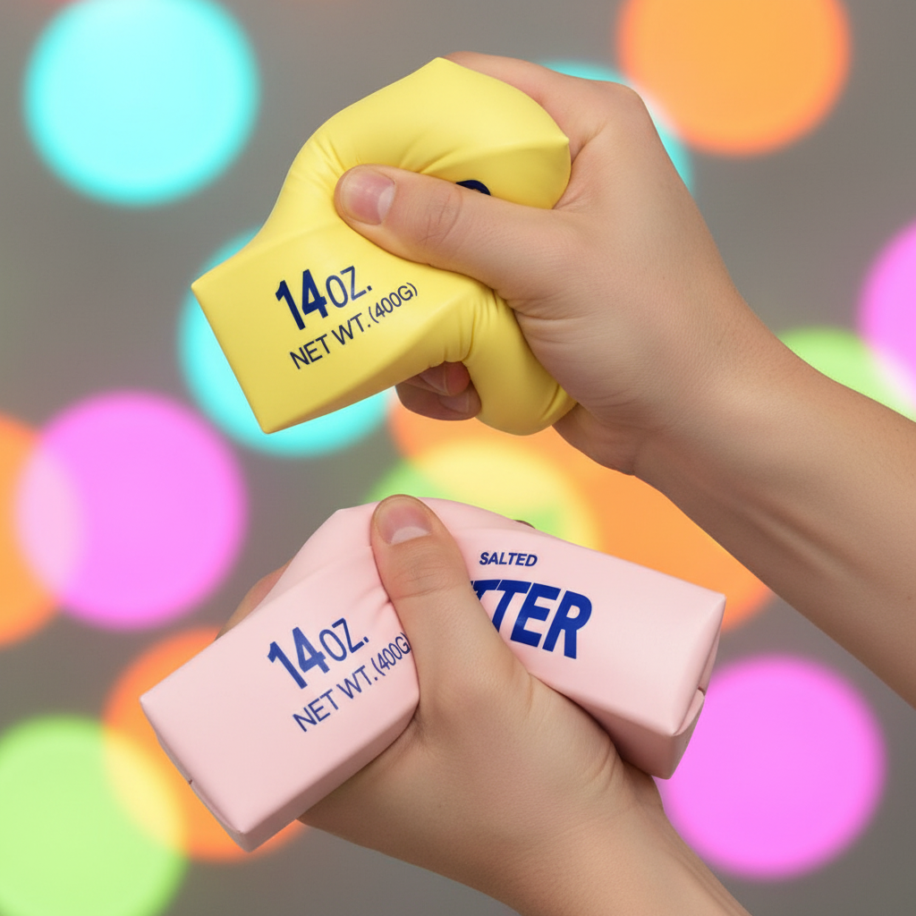 Deux mains qui pressent les jouets squishy bâton de beurre jaune et rose montrant la texture mousse douce