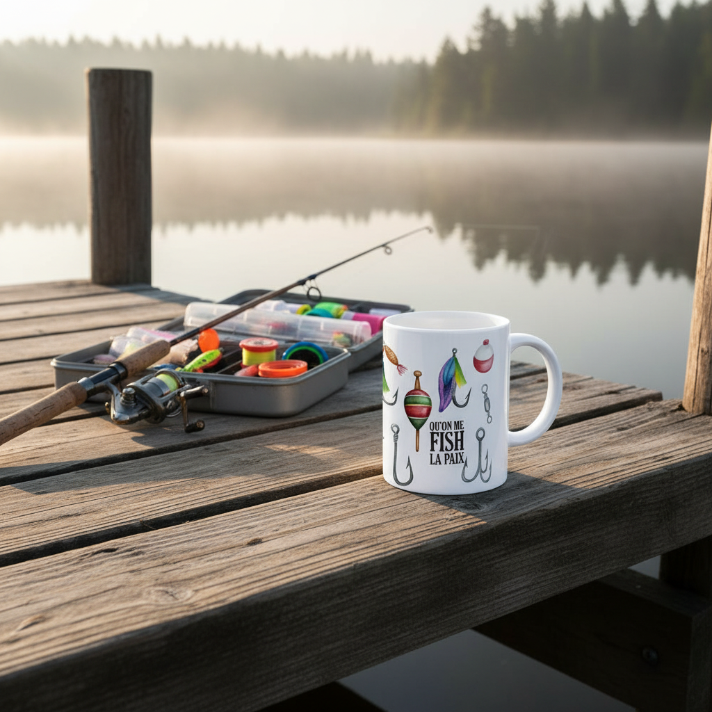 Tasse Qu'on me Fish la Paix - décor quai au lever du soleil