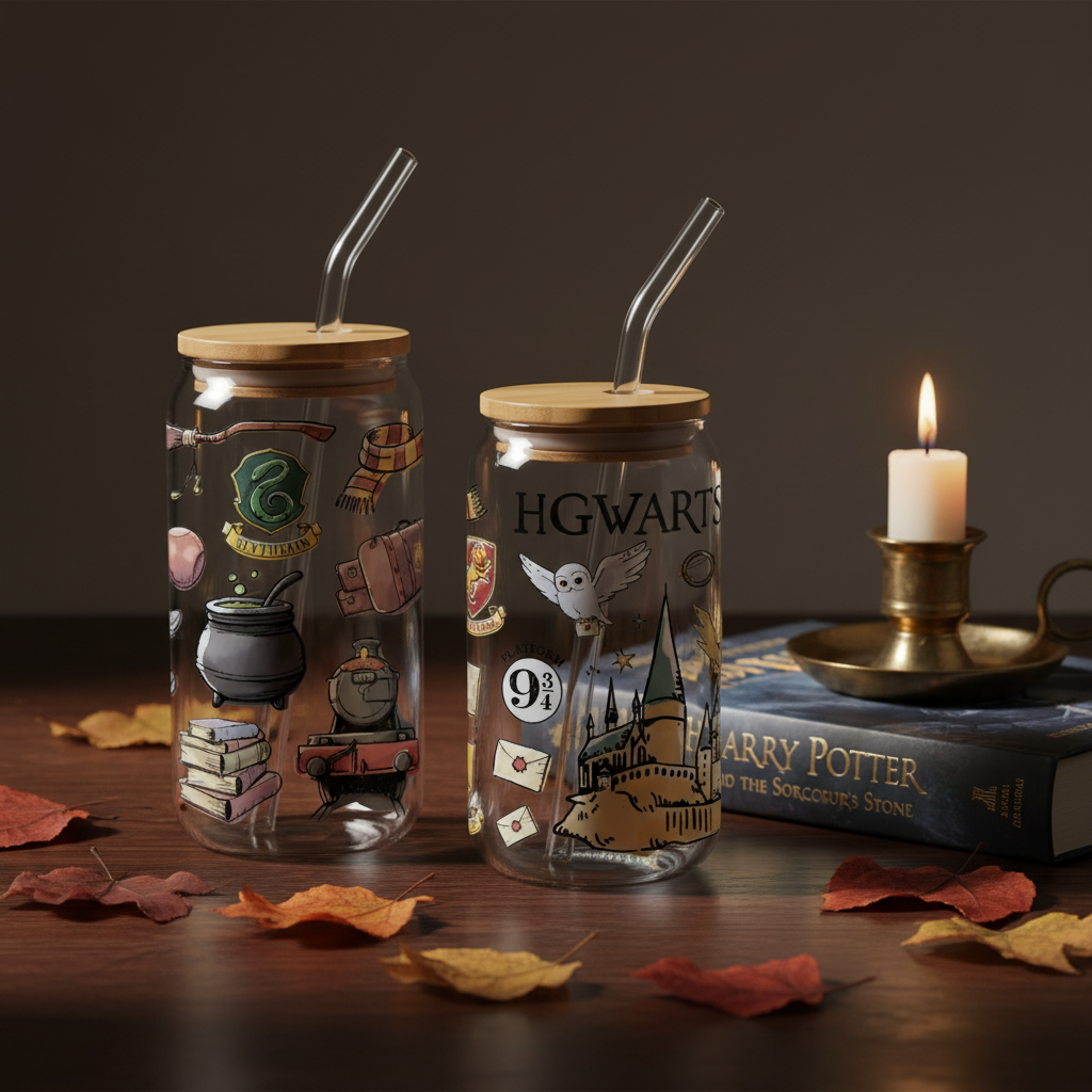 Gobelets Harry Potter sur table en bois avec livre et bougies