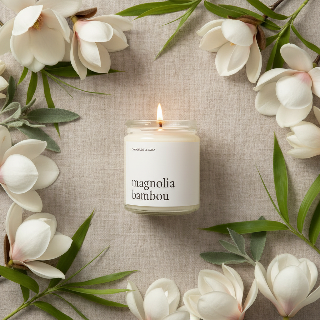 Chandelle de soya Magnolia Bambou allumée sur surface en lin avec fleurs blanches et feuilles de bambou, ambiance apaisante