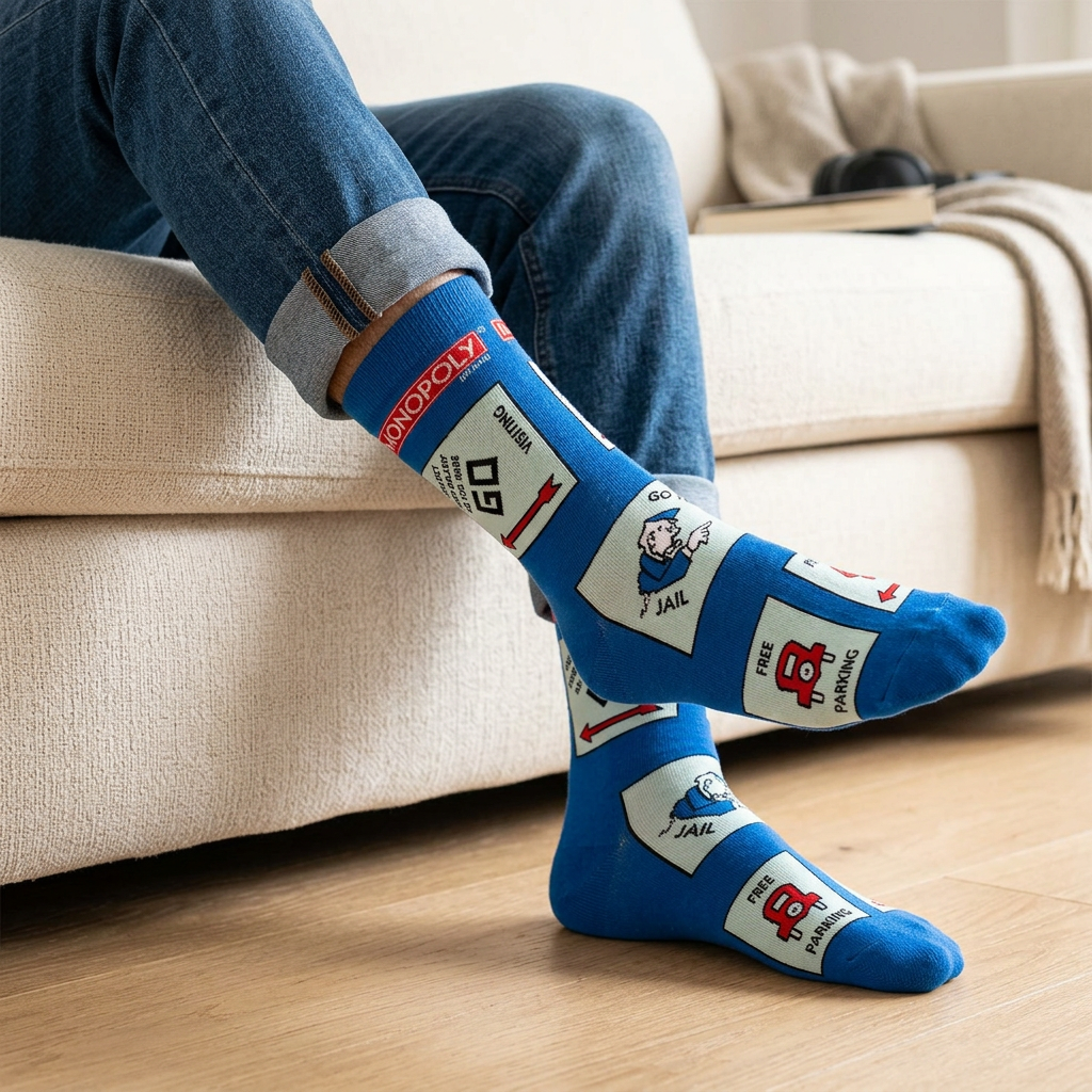 Homme en jeans portant les bas Monopoly bleus à motifs du plateau de jeu dans un salon lumineux.