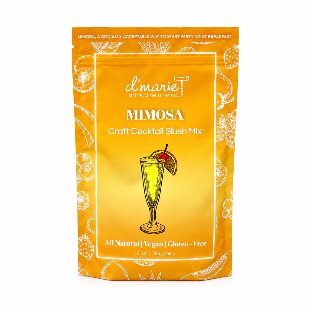 Pochette D’Marie Mimosa Craft Cocktail Slush Mix photographiée sur fond blanc carré, avec la contenance 10 oz et 288 grams