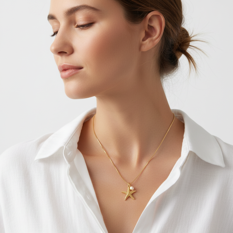 Collier Kelly étoile de mer porté au cou lifestyle