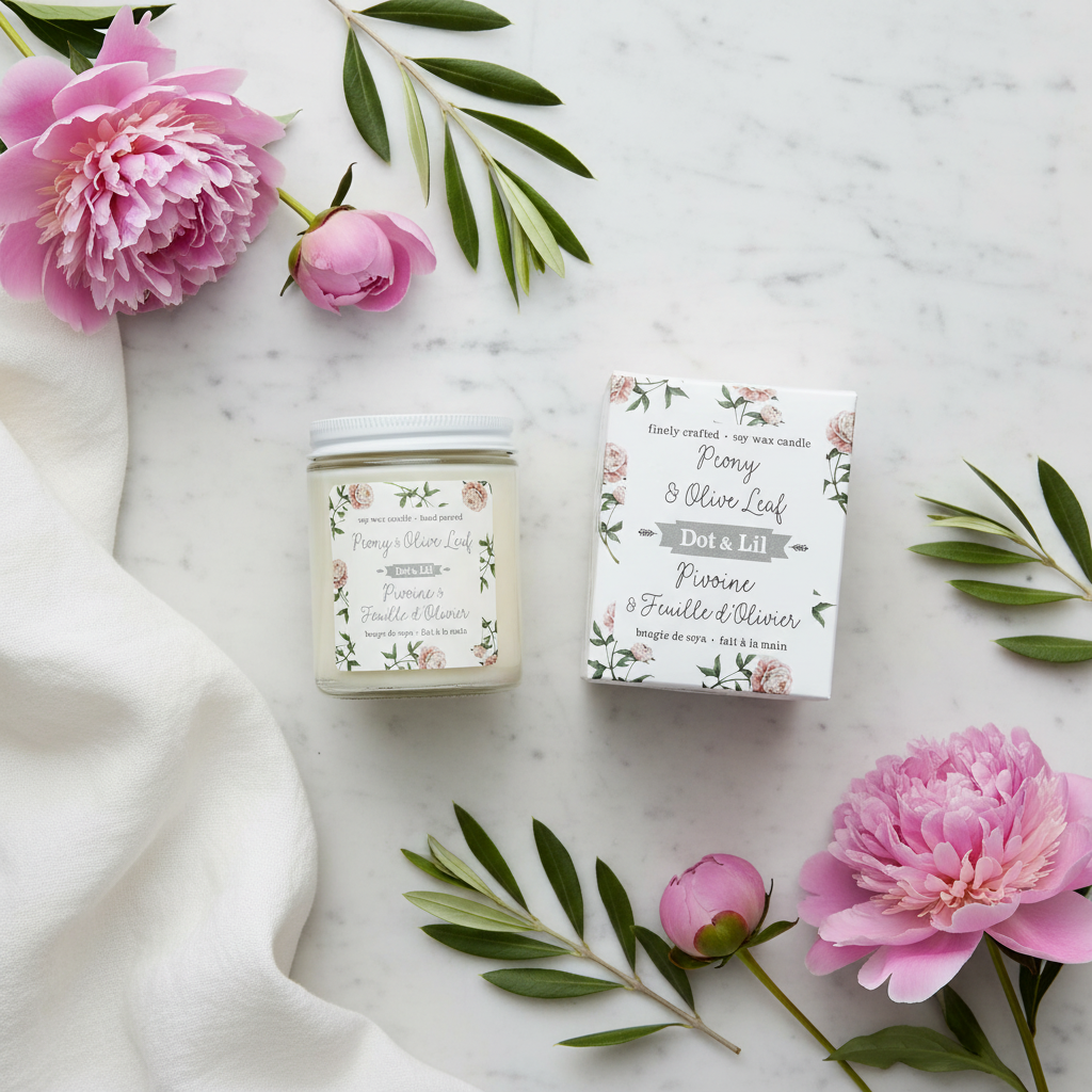 Bougie de soya Pivoine Feuille d'Olivier Dot & Lil flat lay avec pivoines