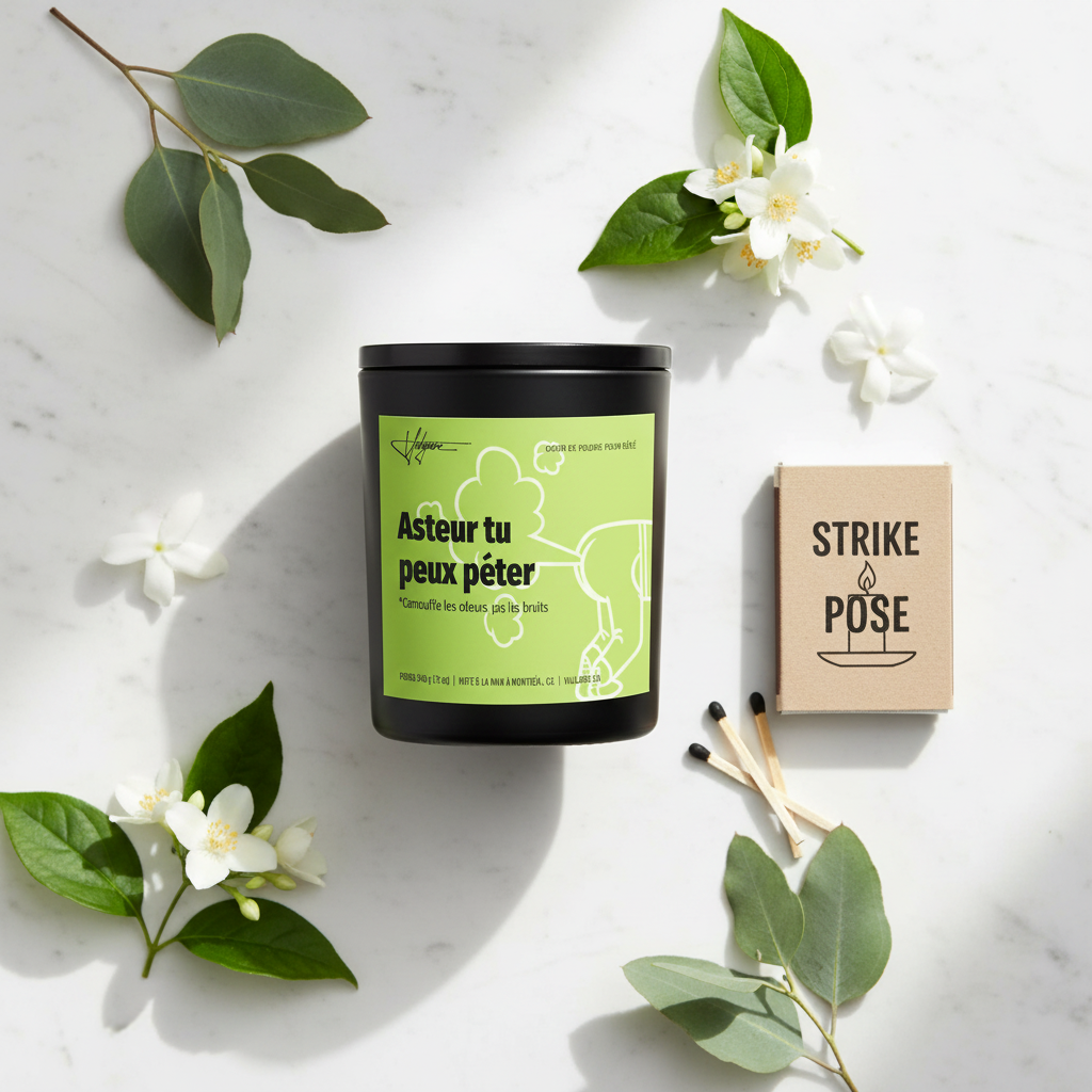 Bougie Vulgaire Asteur tu peux péter flat lay vert lime avec feuilles vertes