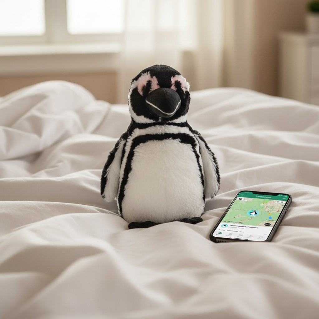 Toutou pingouin Fahlo sur lit avec téléphone montrant l’app de traçage