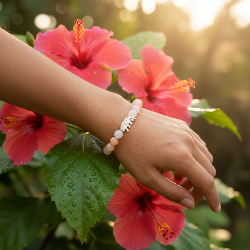 Bracelet Fahlo Tigre Hibiscus porté au poignet avec fleurs hibiscus