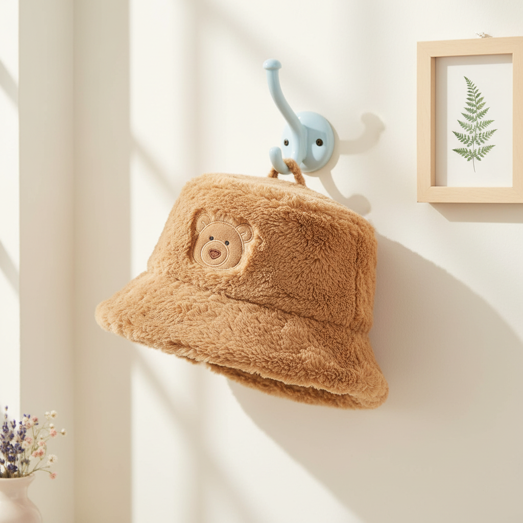 Chapeau ours Bartholomew Jellycat accroché à un crochet mural dans un décor pastel